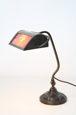 Bankers Lamp in Brass with Colored Glass Insert, 1920s-ZWH-1787533