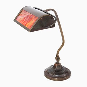 Bankers Lamp in Brass with Colored Glass Insert, 1920s-ZWH-1787533