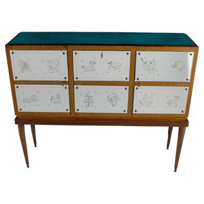 Bar Cabinet with Zodiac Etched Mirrored Glass in the Style of Gio Ponti-MBH-1032503