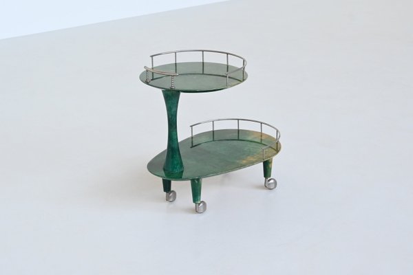 Bar Cart Trolley in Green Goatskin by Aldo Tura, Italy, 1950s-BXV-2023416