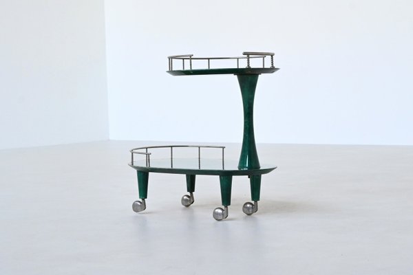 Bar Cart Trolley in Green Goatskin by Aldo Tura, Italy, 1950s-BXV-2023416