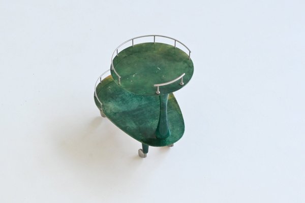 Bar Cart Trolley in Green Goatskin by Aldo Tura, Italy, 1950s-BXV-2023416