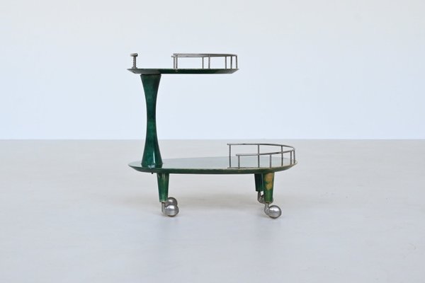 Bar Cart Trolley in Green Goatskin by Aldo Tura, Italy, 1950s-BXV-2023416