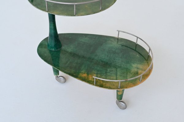 Bar Cart Trolley in Green Goatskin by Aldo Tura, Italy, 1950s-BXV-2023416