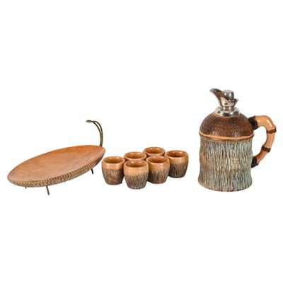 Bar Set in Carved Wood and Brass by Aldo Tura for Macabo, Italy, 1950s, Set of 8-JDR-1803445