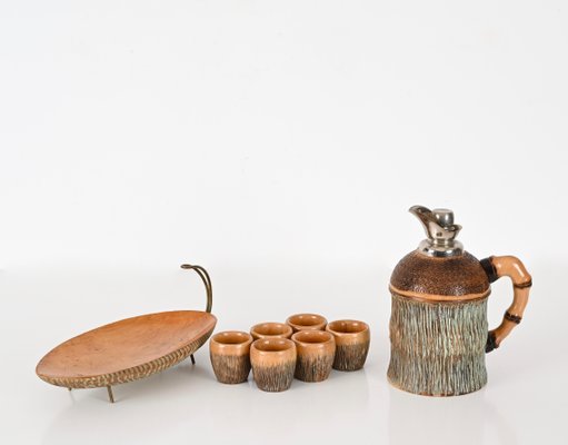 Bar Set in Carved Wood and Brass by Aldo Tura for Macabo, Italy, 1950s, Set of 8-JDR-1803445