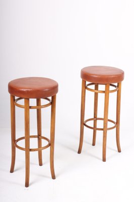 Bar Stools in Beech and Patinated Leather by Fritz Hansen, 1940s, Set of 2-FK-1172427