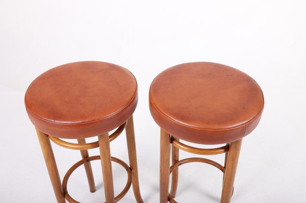 Bar Stools in Beech and Patinated Leather by Fritz Hansen, 1940s, Set of 2-FK-1172427