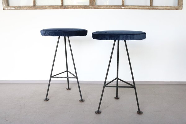 Bar Stools in Iron and Blue Velvet, 1960s, Set of 2-FUP-1338273