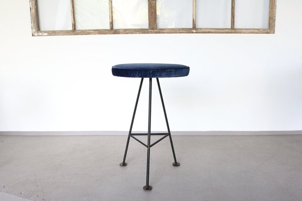 Bar Stools in Iron and Blue Velvet, 1960s, Set of 2-FUP-1338273