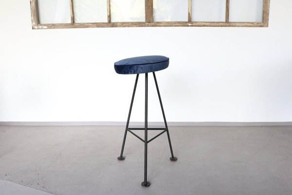 Bar Stools in Iron and Blue Velvet, 1960s, Set of 2-FUP-1338273