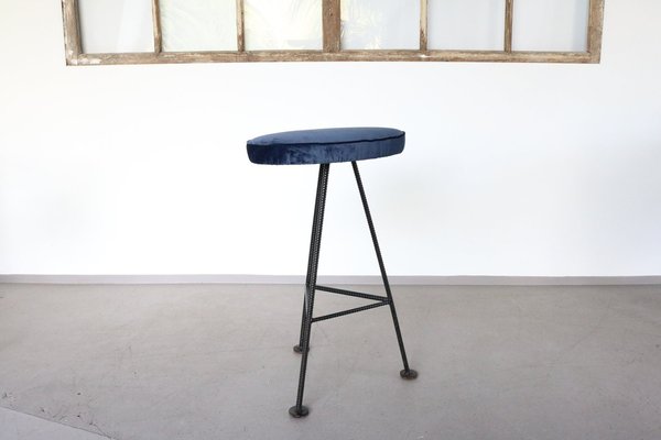 Bar Stools in Iron and Blue Velvet, 1960s, Set of 2-FUP-1338273