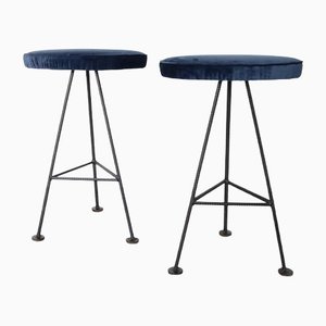 Bar Stools in Iron and Blue Velvet, 1960s, Set of 2-FUP-1338273