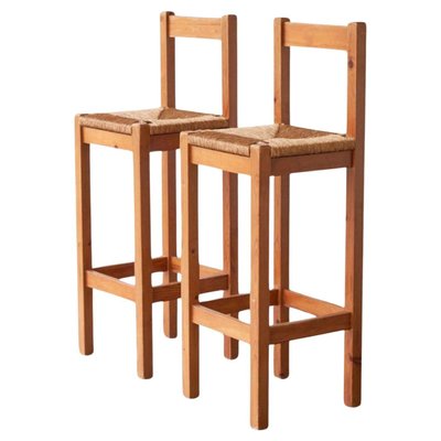 Bar Stools in Pine and Rush by Charlotte Perriand, 1960s, Set of 2-FEW-2024234