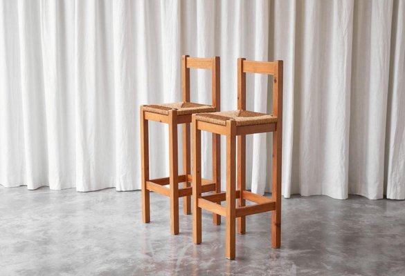 Bar Stools in Pine and Rush by Charlotte Perriand, 1960s, Set of 2-FEW-2024234