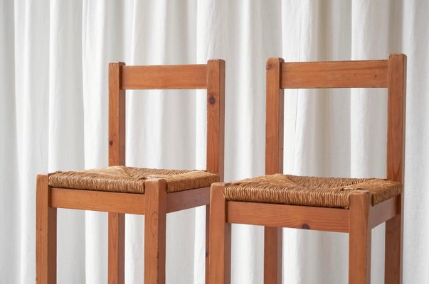 Bar Stools in Pine and Rush by Charlotte Perriand, 1960s, Set of 2-FEW-2024234