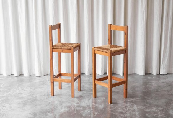 Bar Stools in Pine and Rush by Charlotte Perriand, 1960s, Set of 2-FEW-2024234