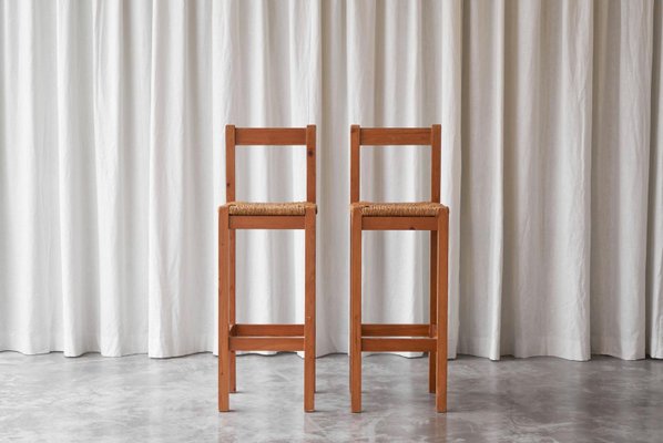 Bar Stools in Pine and Rush by Charlotte Perriand, 1960s, Set of 2-FEW-2024234