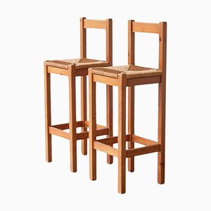 Bar Stools in Pine and Rush by Charlotte Perriand, 1960s, Set of 2-FEW-2024234