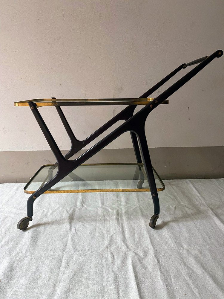 Bar Trolley in Wood, Brass and Glass with Removable Trays attributed to Cesare Lacca, Italy, 1950s