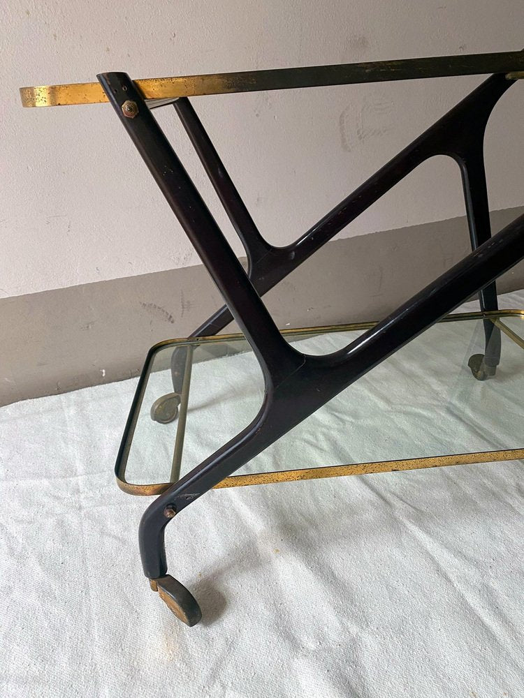 Bar Trolley in Wood, Brass and Glass with Removable Trays attributed to Cesare Lacca, Italy, 1950s