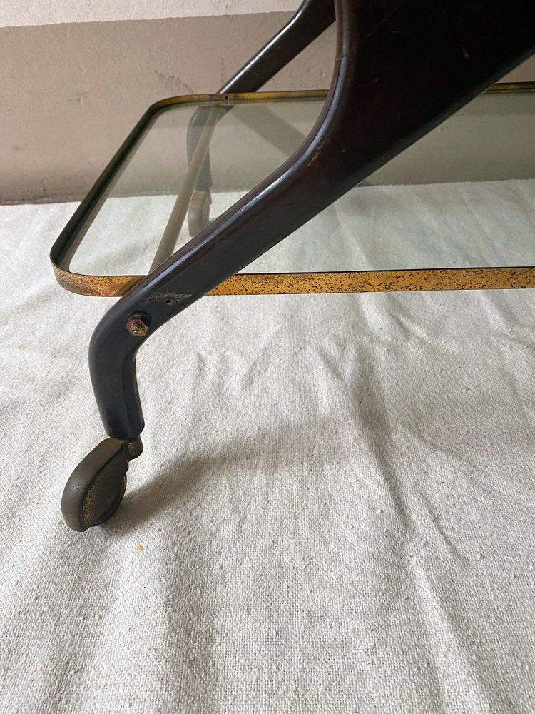 Bar Trolley in Wood, Brass and Glass with Removable Trays attributed to Cesare Lacca, Italy, 1950s