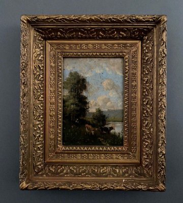 Barbizon Artist, Cows on Riverbanks, Oil on Canvas, 19th Century, Framed-QKG-1807543