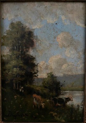 Barbizon Artist, Cows on Riverbanks, Oil on Canvas, 19th Century, Framed-QKG-1807543