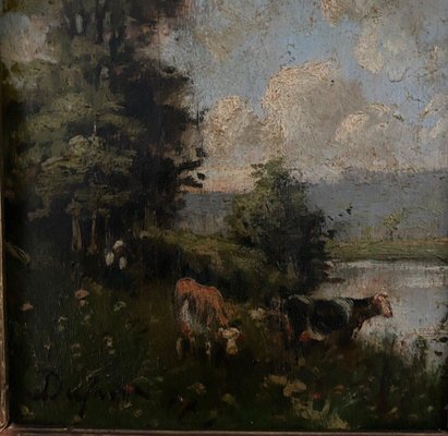 Barbizon Artist, Cows on Riverbanks, Oil on Canvas, 19th Century, Framed-QKG-1807543