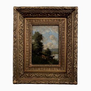 Barbizon Artist, Cows on Riverbanks, Oil on Canvas, 19th Century, Framed-QKG-1807543