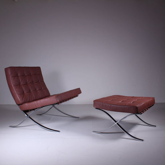 Barcelona Chair and Pouf by Ludwig Mies Van Der Rohe for Knoll International, Set of 2