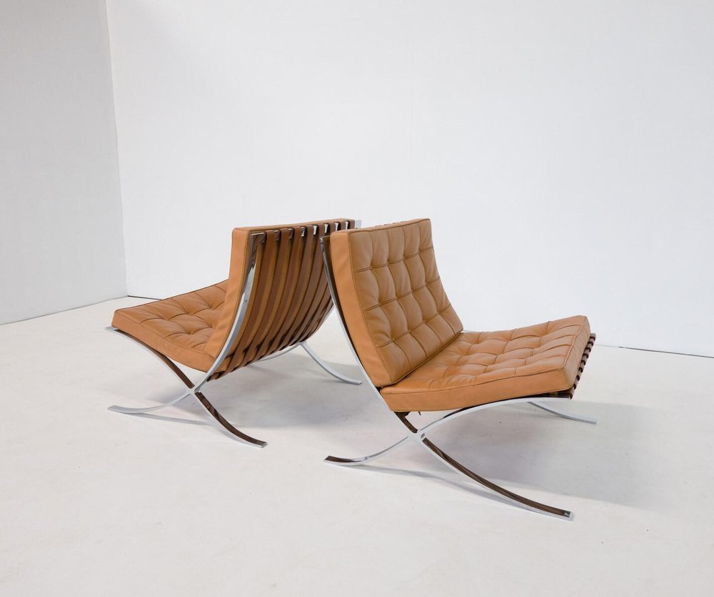 Barcelona Chairs in Cognac Leather by Mies van der Rohe for Knoll, 1960s, Set of 2