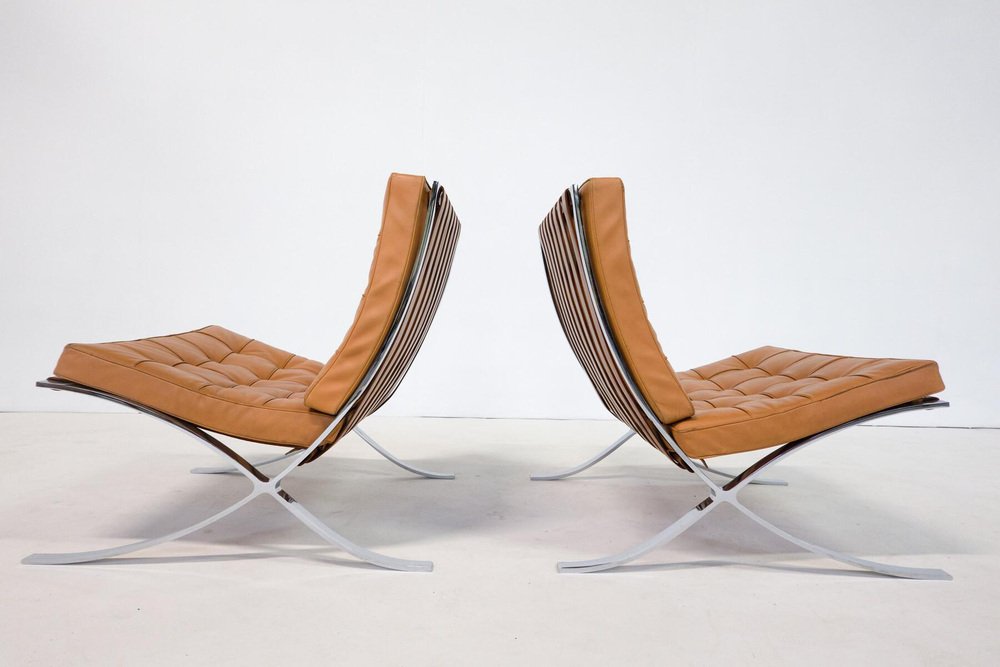 Barcelona Chairs in Cognac Leather by Mies van der Rohe for Knoll, 1960s, Set of 2