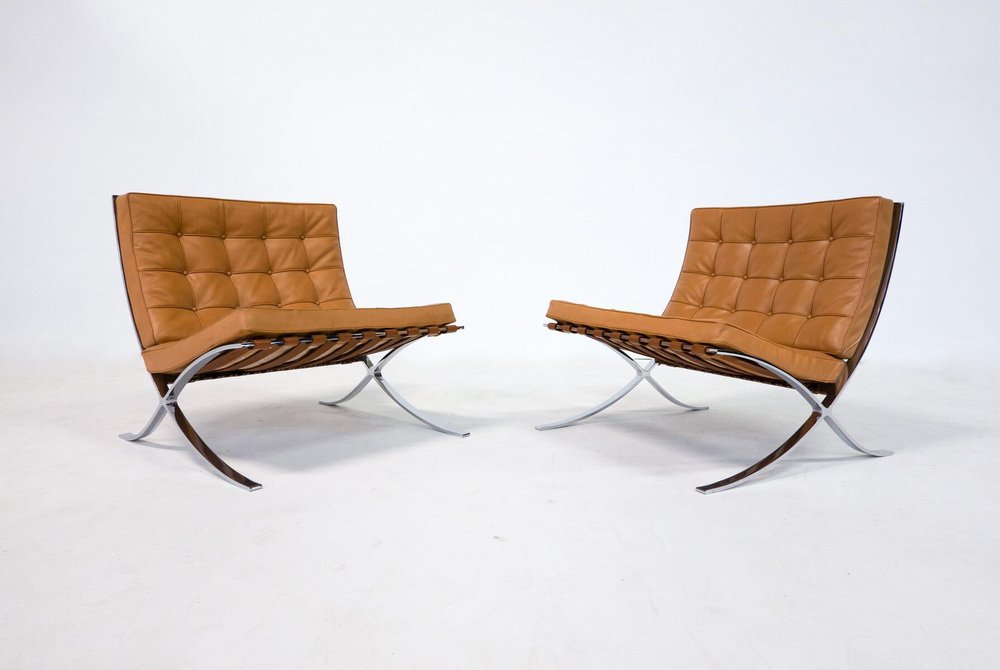 Barcelona Chairs in Cognac Leather by Mies van der Rohe for Knoll, 1960s, Set of 2