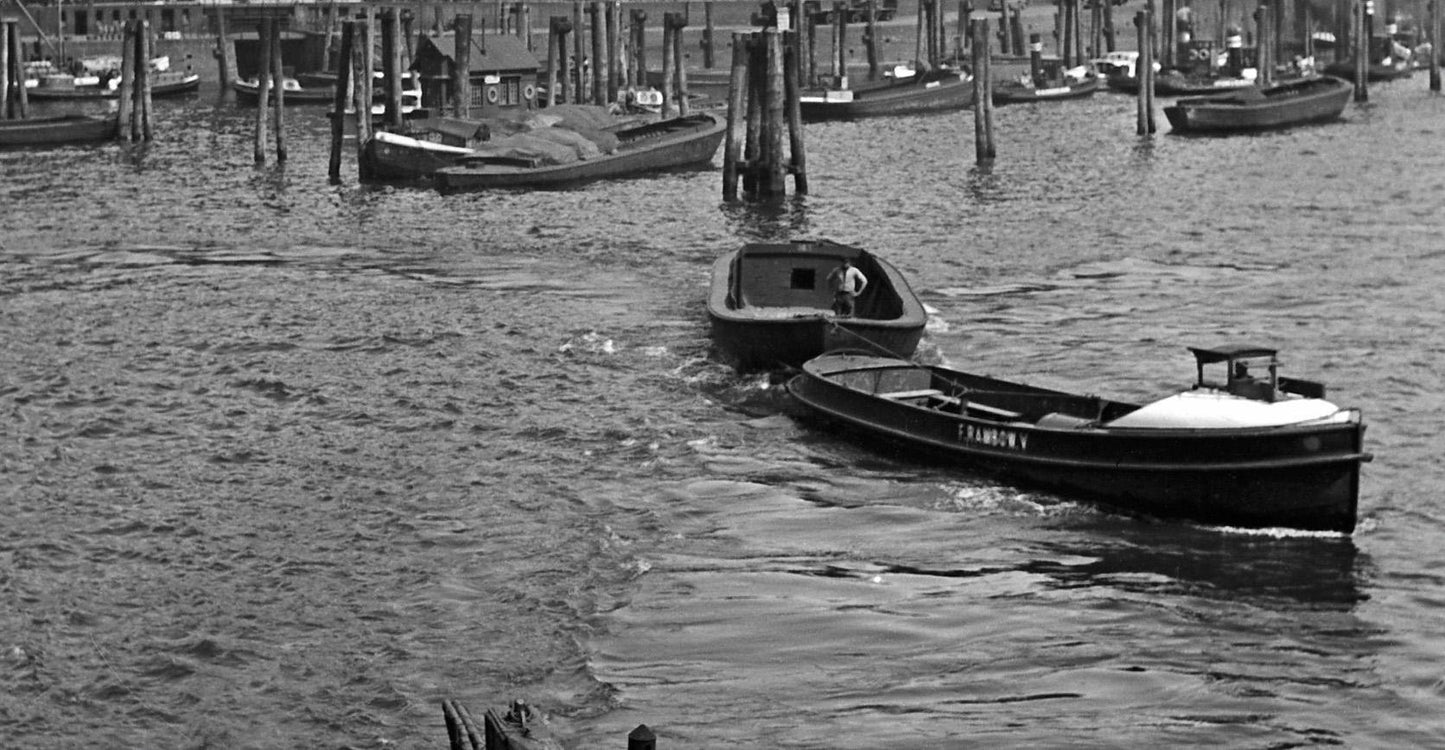 Barges Boats at Hamburg Harbor to St. Nicholas Church Germany 1938 Printed 2021