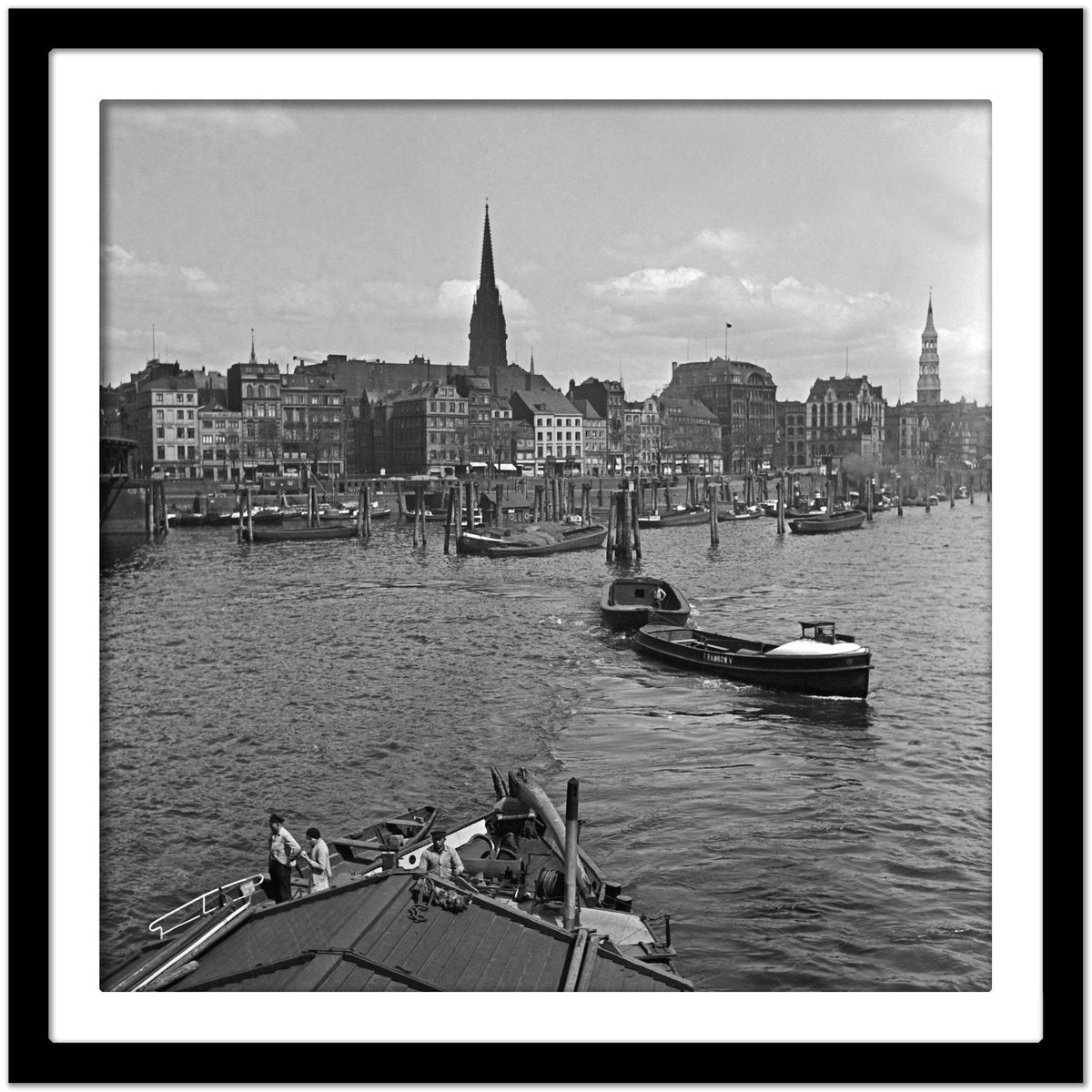 Barges Boats at Hamburg Harbor to St. Nicholas Church Germany 1938 Printed 2021