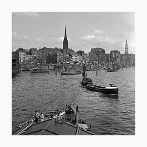 Barges Boats at Hamburg Harbor to St. Nicholas Church Germany 1938 Printed 2021-DYV-992046