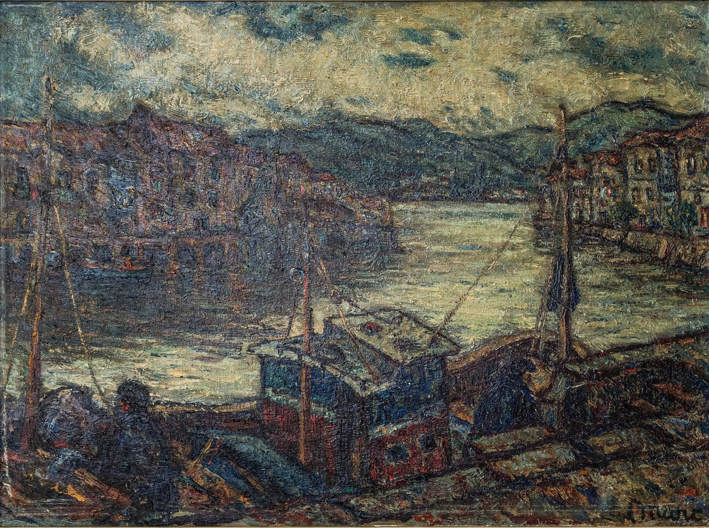 Barges in a Port, 1960s, Oil on Canvas