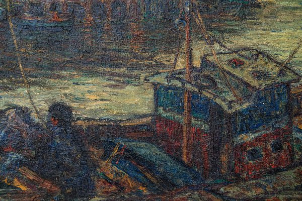 Barges in a Port, 1960s, Oil on Canvas-AOI-1731722