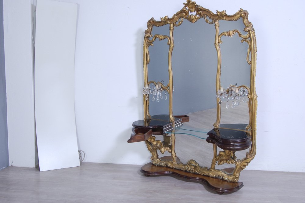 Baroque Console with Great Mirror and Applique, 1940s