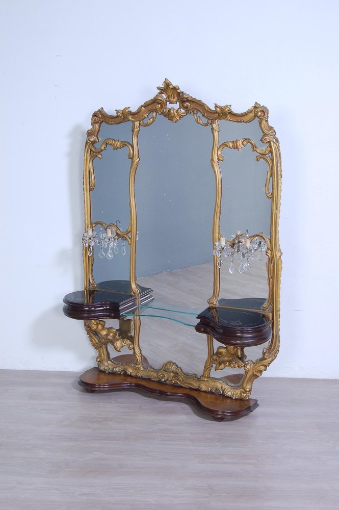 Baroque Console with Great Mirror and Applique, 1940s