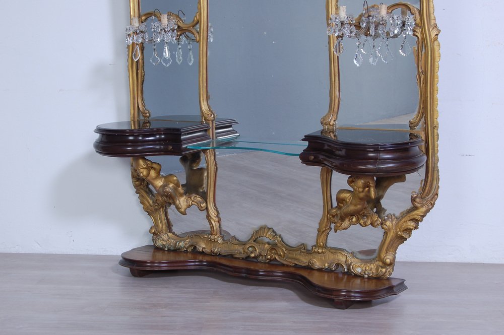 Baroque Console with Great Mirror and Applique, 1940s