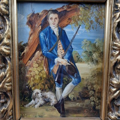 Baroque Hunter with Dog, 20th Century, Oil Painting on Panel, Framed-PWG-2024664