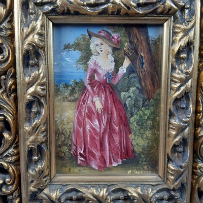 Baroque Lady with Hat, 1950s, Oil on Panel, Framed-PWG-2024462