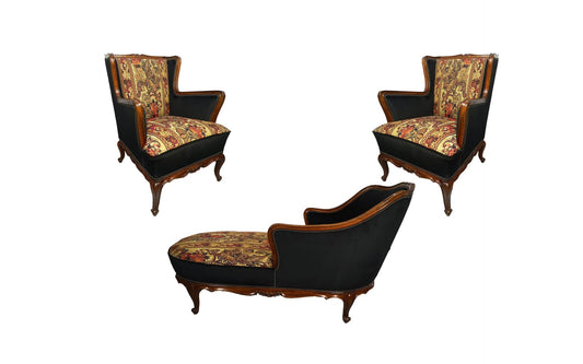 Baroque Revival Style Velvet Living Room Set, 1920s, Set of 3