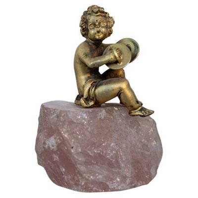 Baroque Statue of Silver Cherub on Rose Quartz-RCE-1230467