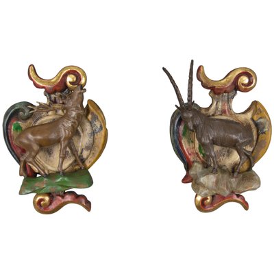 Baroque Style Carved Wood Wall Decorations with Deer and Ibex Figures, Set of 2-KEG-1086489