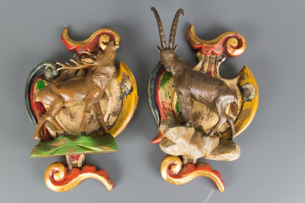 Baroque Style Carved Wood Wall Decorations with Deer and Ibex Figures, Set of 2-KEG-1086489