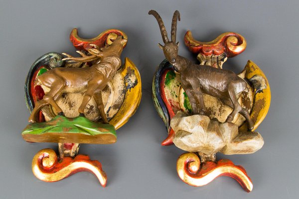 Baroque Style Carved Wood Wall Decorations with Deer and Ibex Figures, Set of 2-KEG-1086489