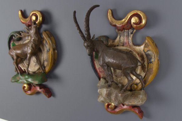 Baroque Style Carved Wood Wall Decorations with Deer and Ibex Figures, Set of 2-KEG-1086489